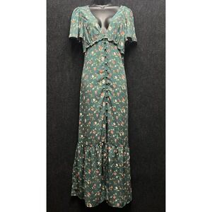 Forever 21 Green Floral Maxi Dress Medium Boho ButtonFront Open Back Flutter Slv